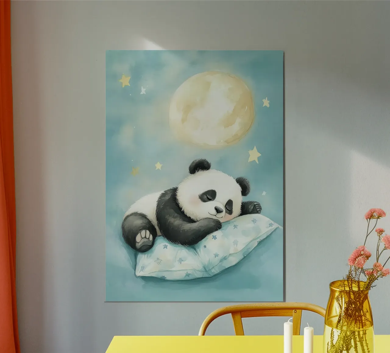 cuscino panda che dorme con le stelle della luna poster con telaio in legno da Thomas Weber