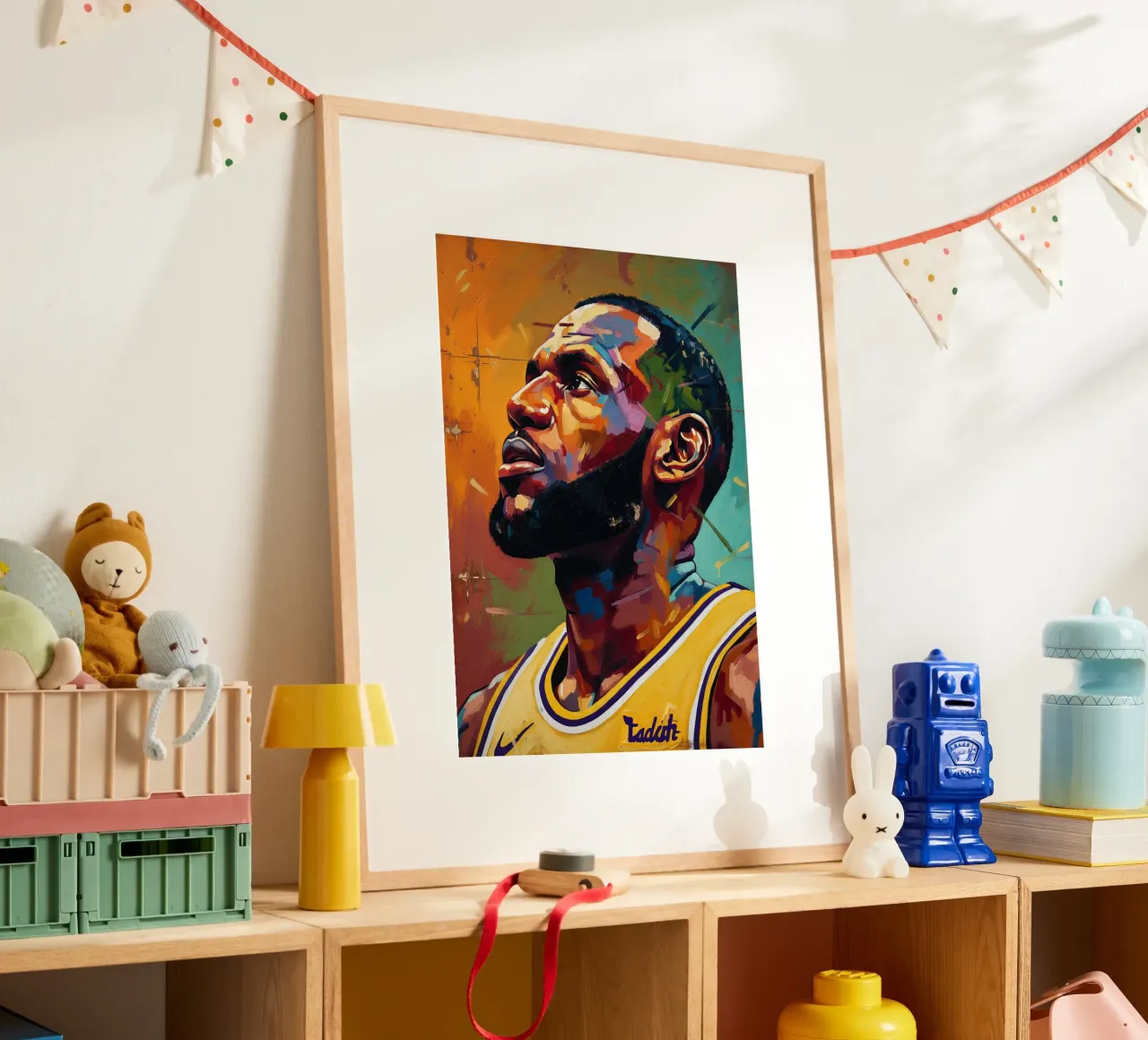 Lebron James abstracte kleurrijke kunst poster met houten frame van Lembayung art