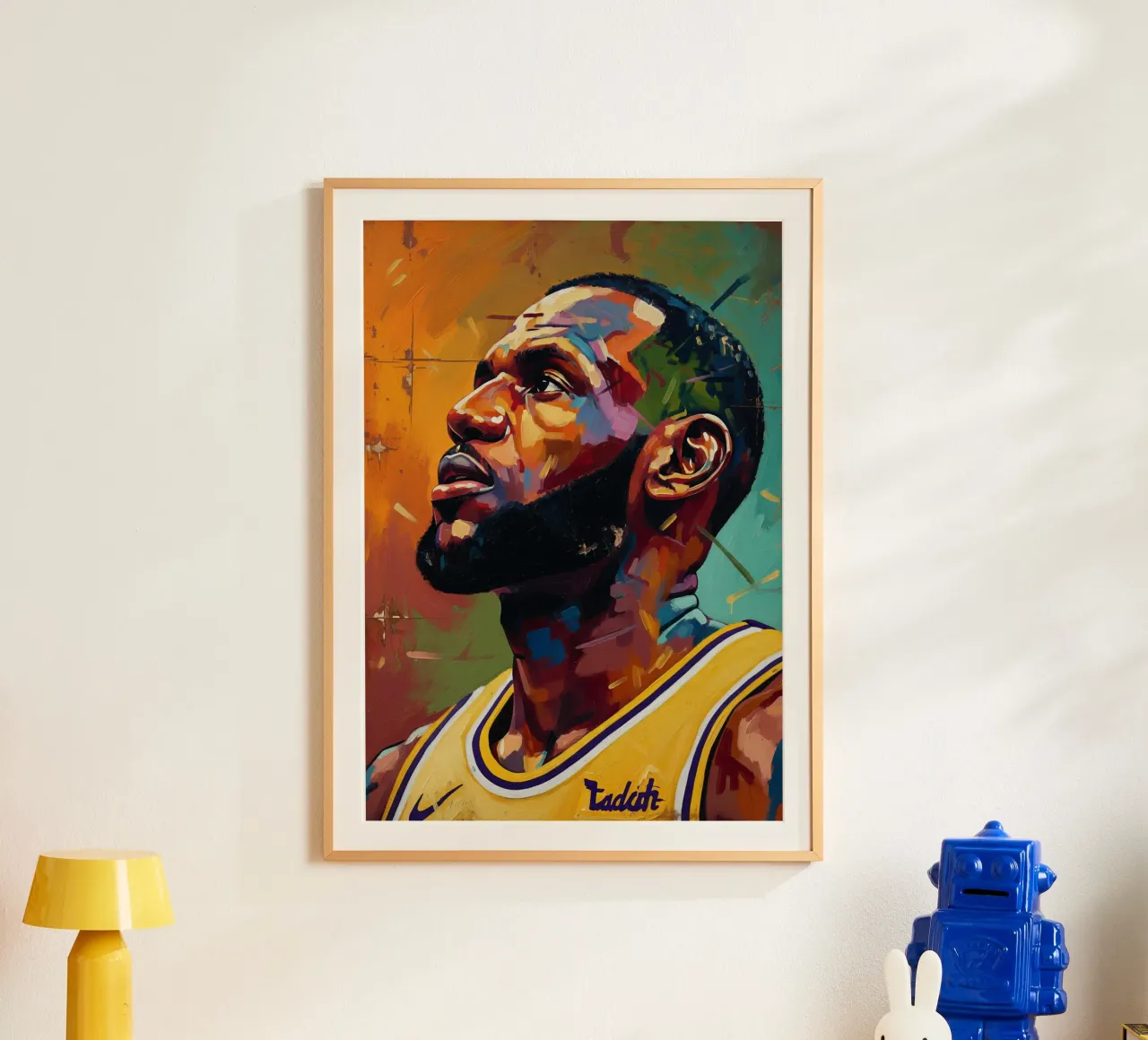 Lebron James abstracte kleurrijke kunst poster met houten frame van Lembayung art