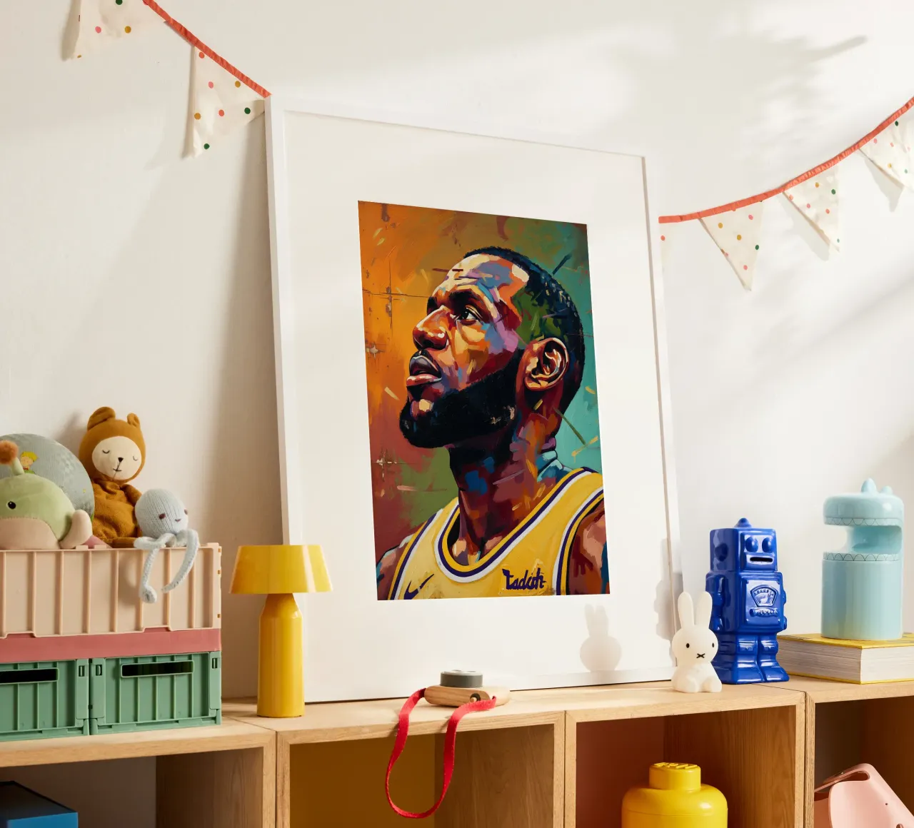 Lebron James abstracte kleurrijke kunst poster met houten frame van Lembayung art