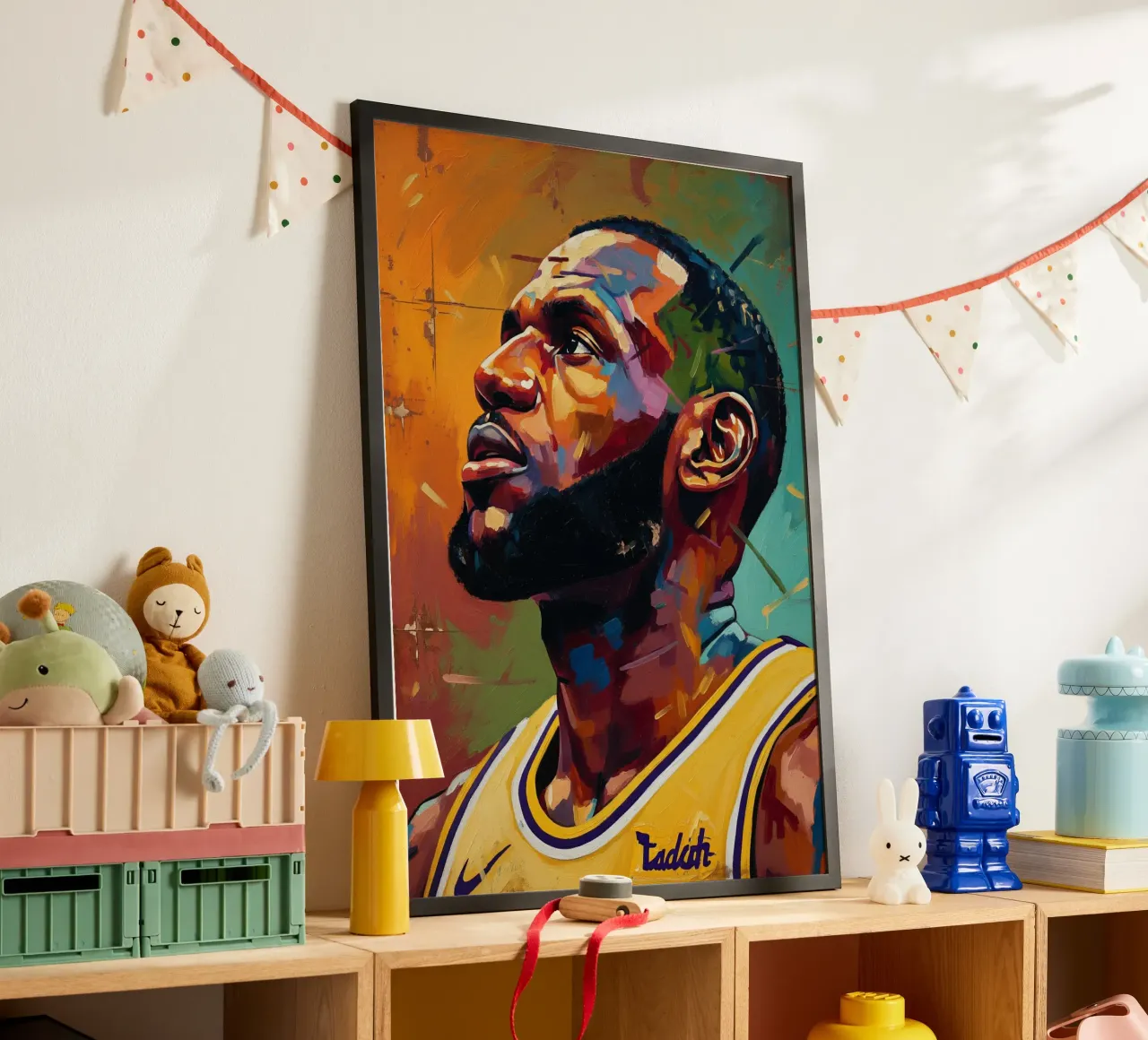 Lebron James abstracte kleurrijke kunst poster met houten frame van Lembayung art