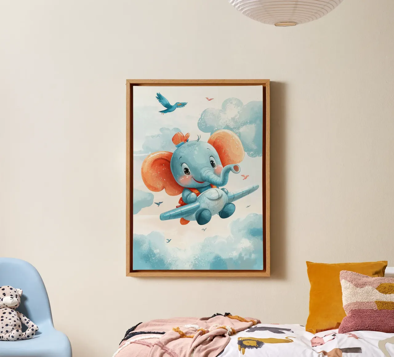 elephant airplane clouds birds sky canvas with Floater frame by David Müller