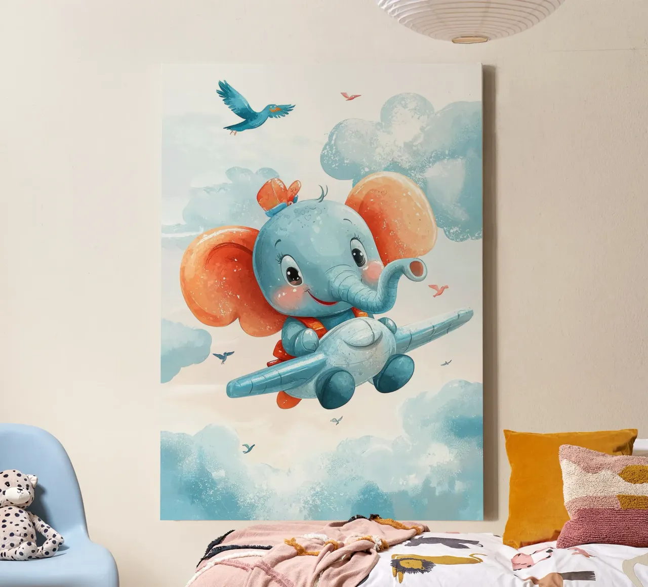 elephant airplane clouds birds sky canvas with Floater frame by David Müller