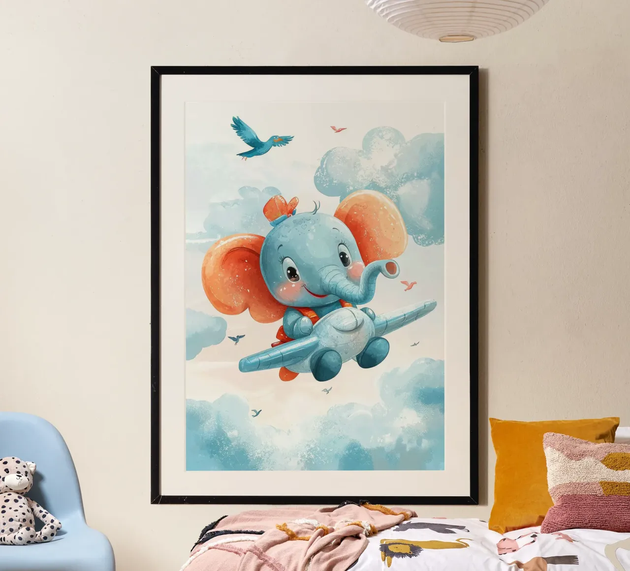 elefante aereo nuvole uccelli cielo poster con telaio in alluminio da David Müller