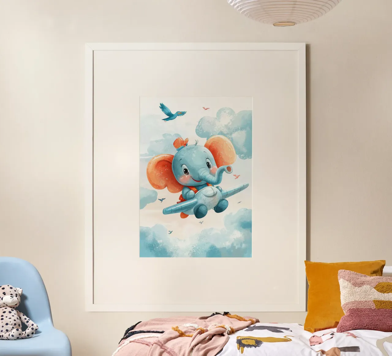 elefante aereo nuvole uccelli cielo poster con telaio in alluminio da David Müller