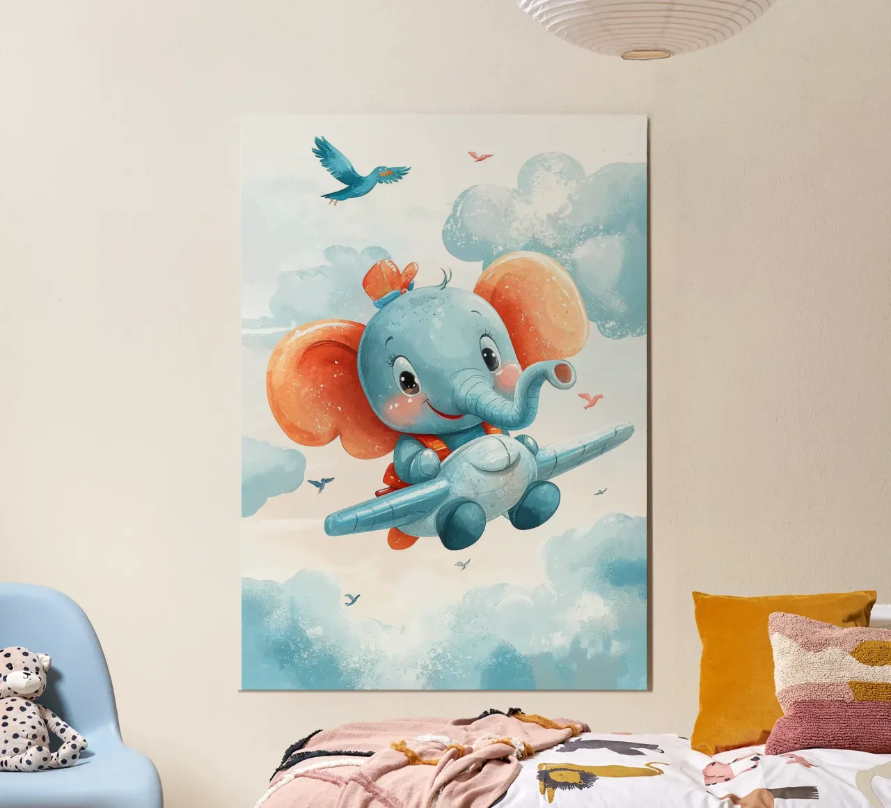 elefante aereo nuvole uccelli cielo poster con telaio in alluminio da David Müller