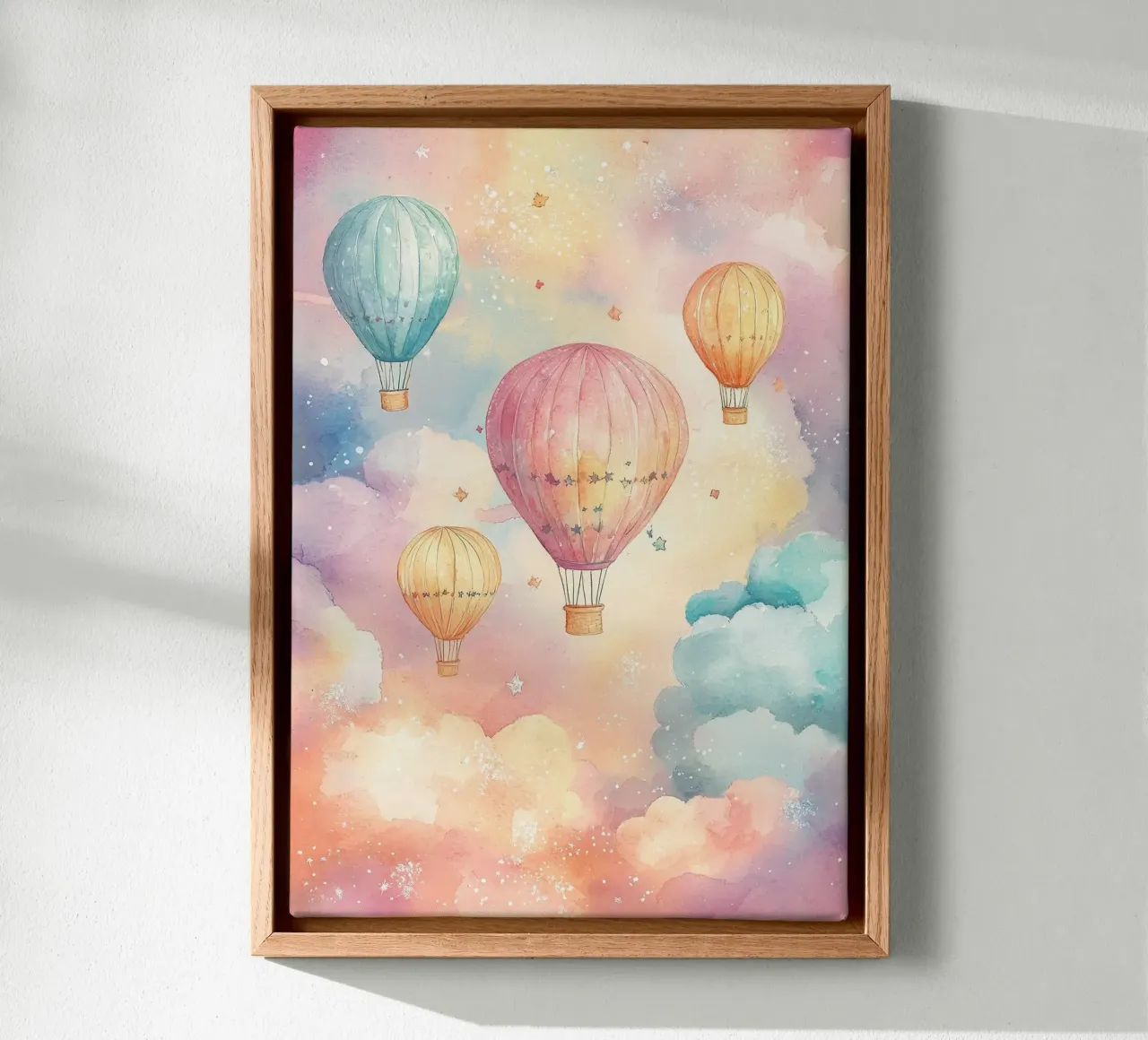 luchtballonnen wolken sterren pastelkleuren canvas met Baklijst van David Müller