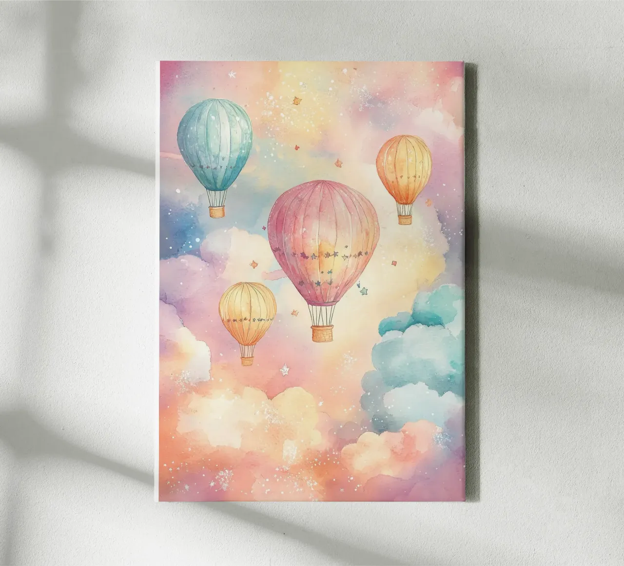 luchtballonnen wolken sterren pastelkleuren canvas met Baklijst van David Müller