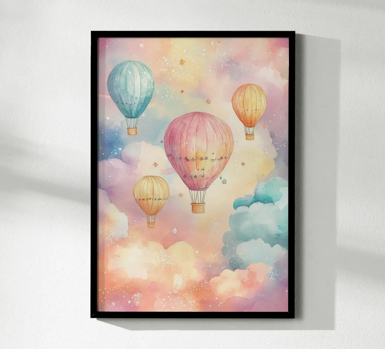 mongolfiere nuvole stelle colori pastello poster da David Müller