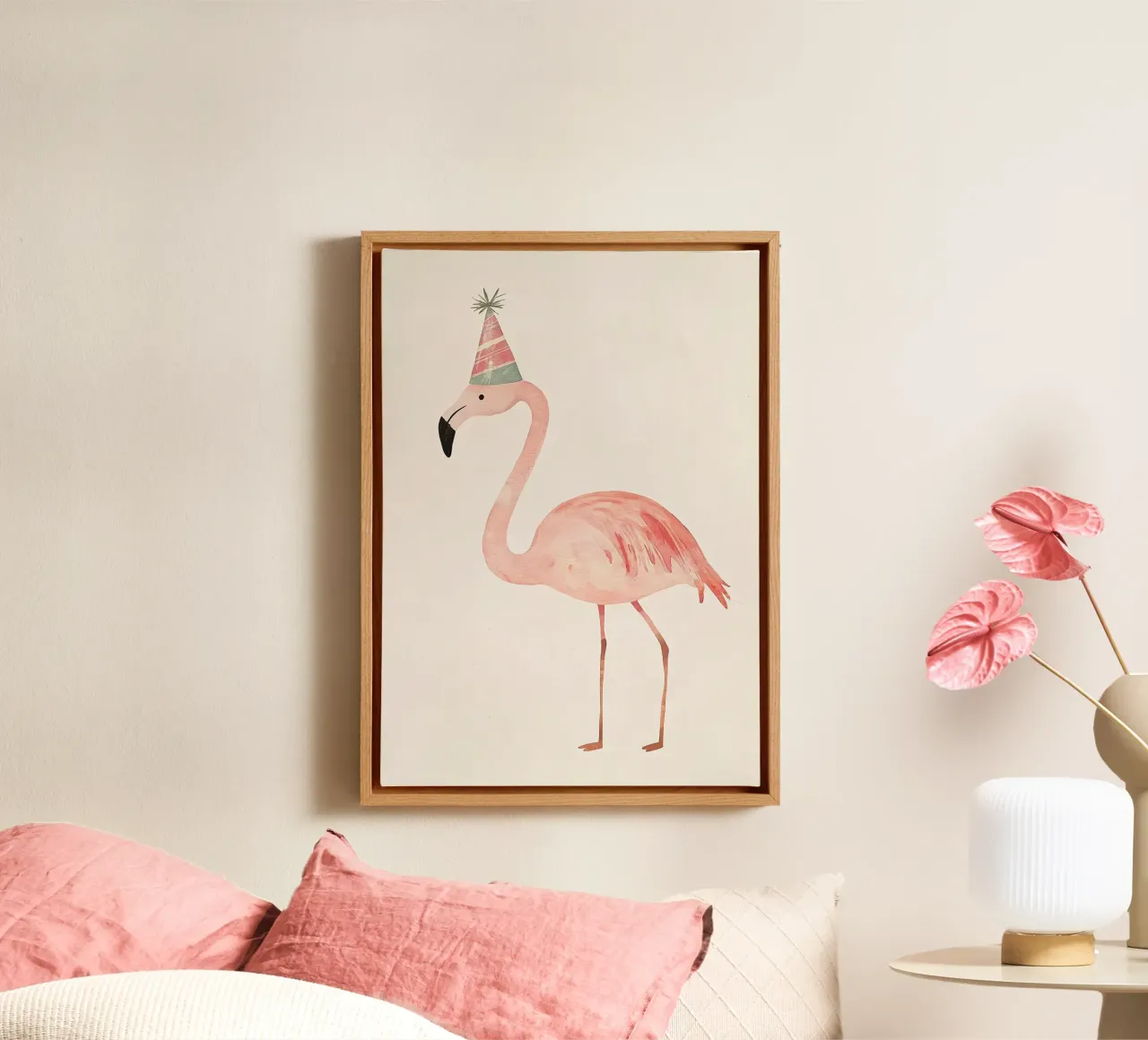 flamingo party hat bird feathers beak canvas with Floater frame by David Müller