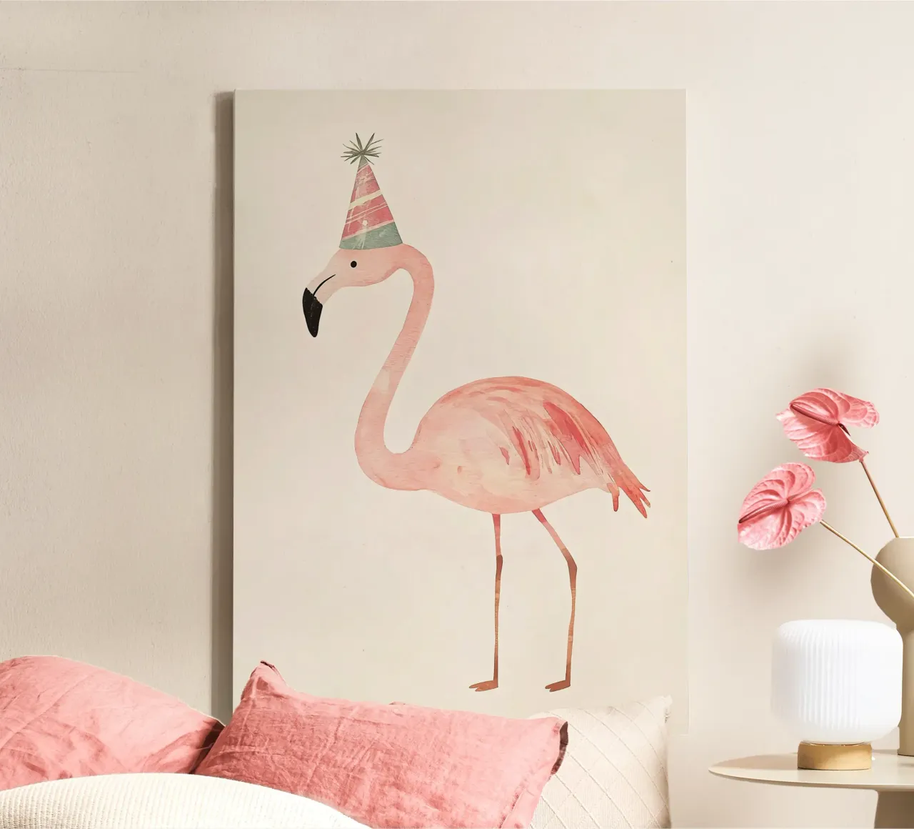 flamingo party hat bird feathers beak canvas with Floater frame by David Müller