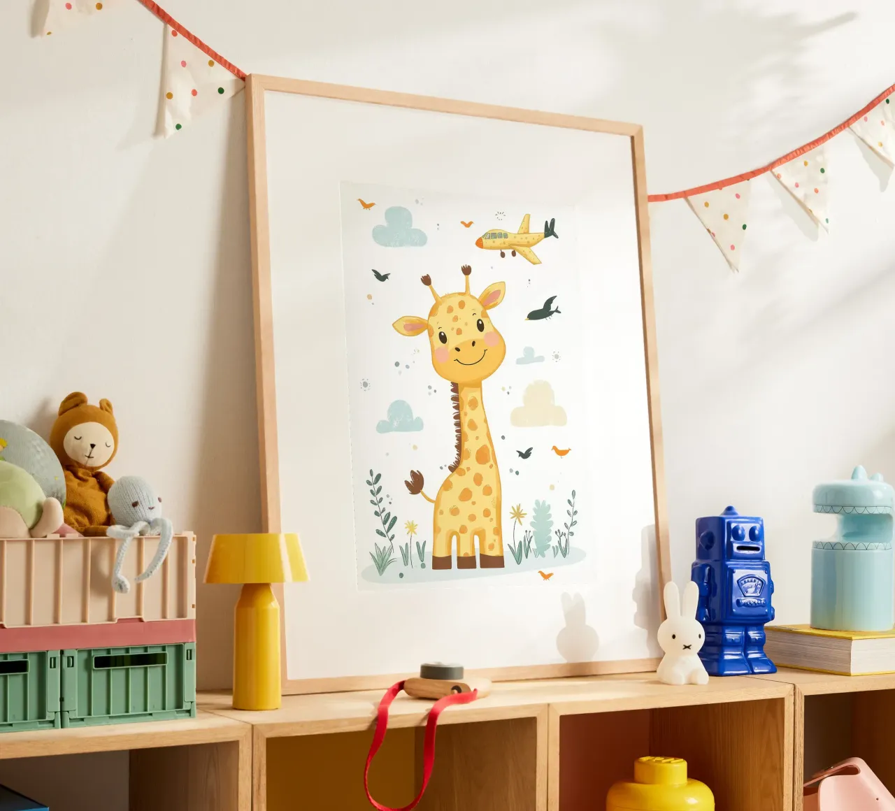giraffa aereo nuvole uccelli poster con telaio in legno da David Müller