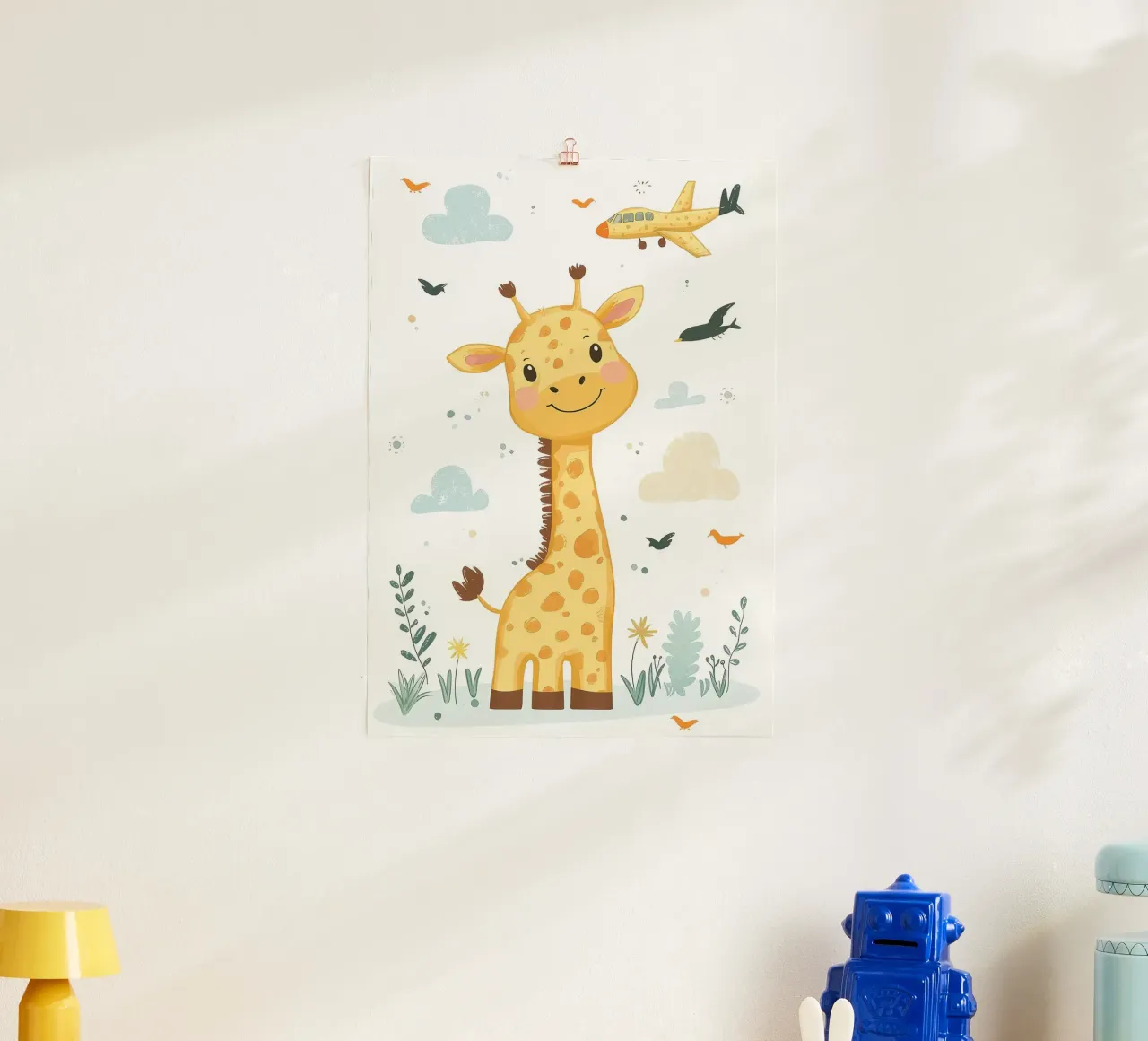 giraffa aereo nuvole uccelli poster con telaio in legno da David Müller