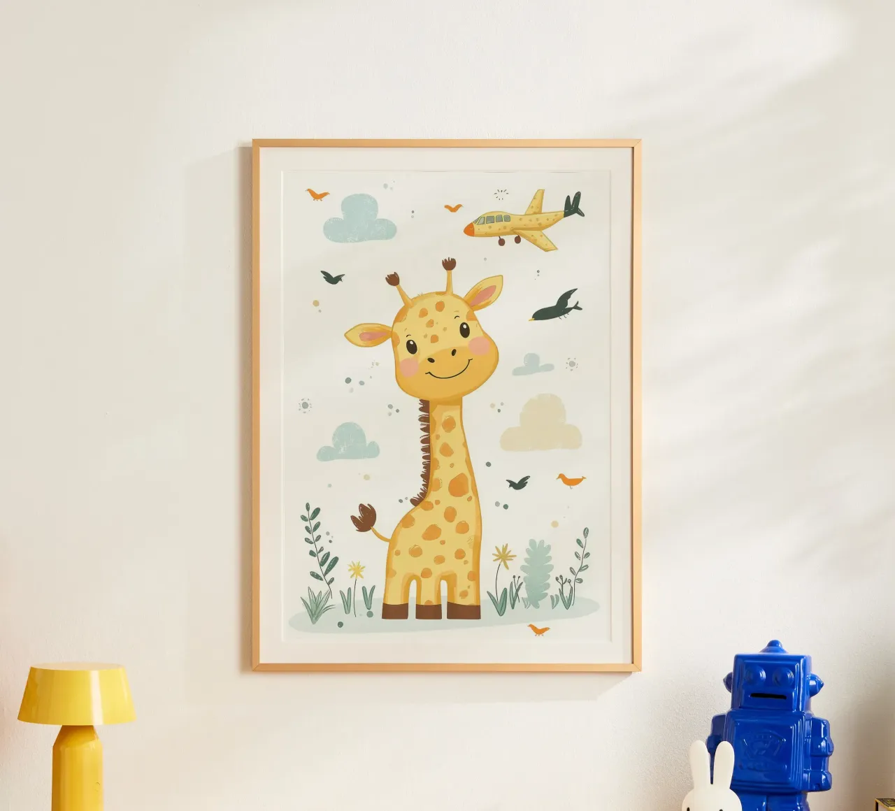 giraffa aereo nuvole uccelli poster con telaio in legno da David Müller