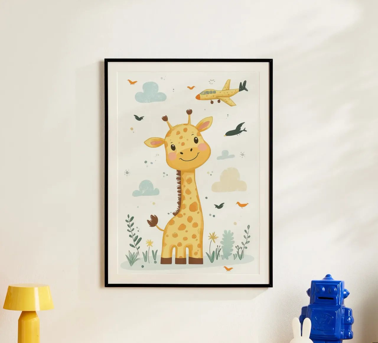 giraffa aereo nuvole uccelli poster con telaio in legno da David Müller