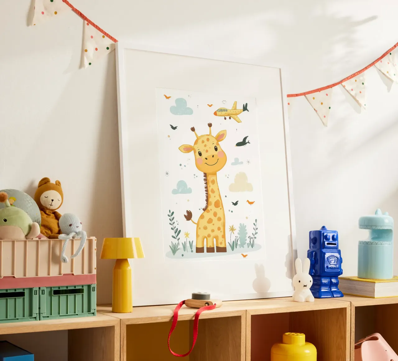 giraffa aereo nuvole uccelli poster con telaio in legno da David Müller