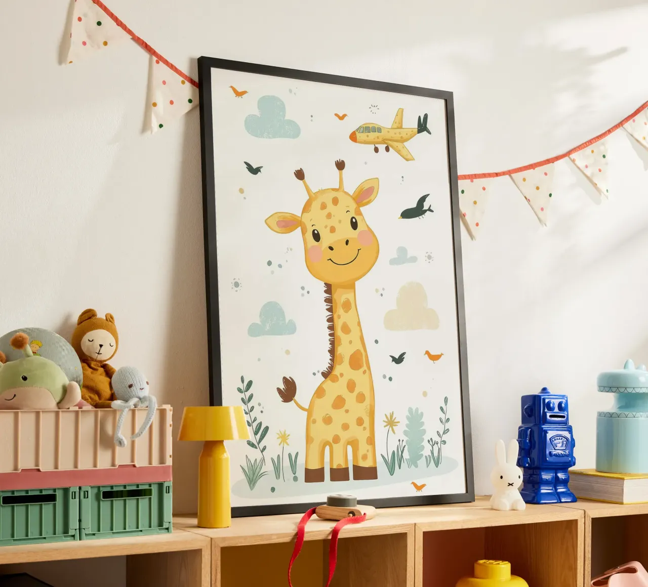 giraffa aereo nuvole uccelli poster con telaio in legno da David Müller