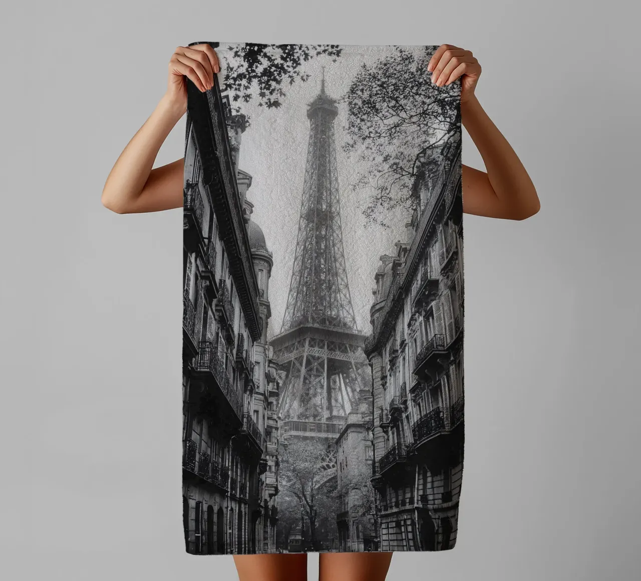 The street in the shadow of the Eiffel Tower towel by M-Ulrich-Digital Art