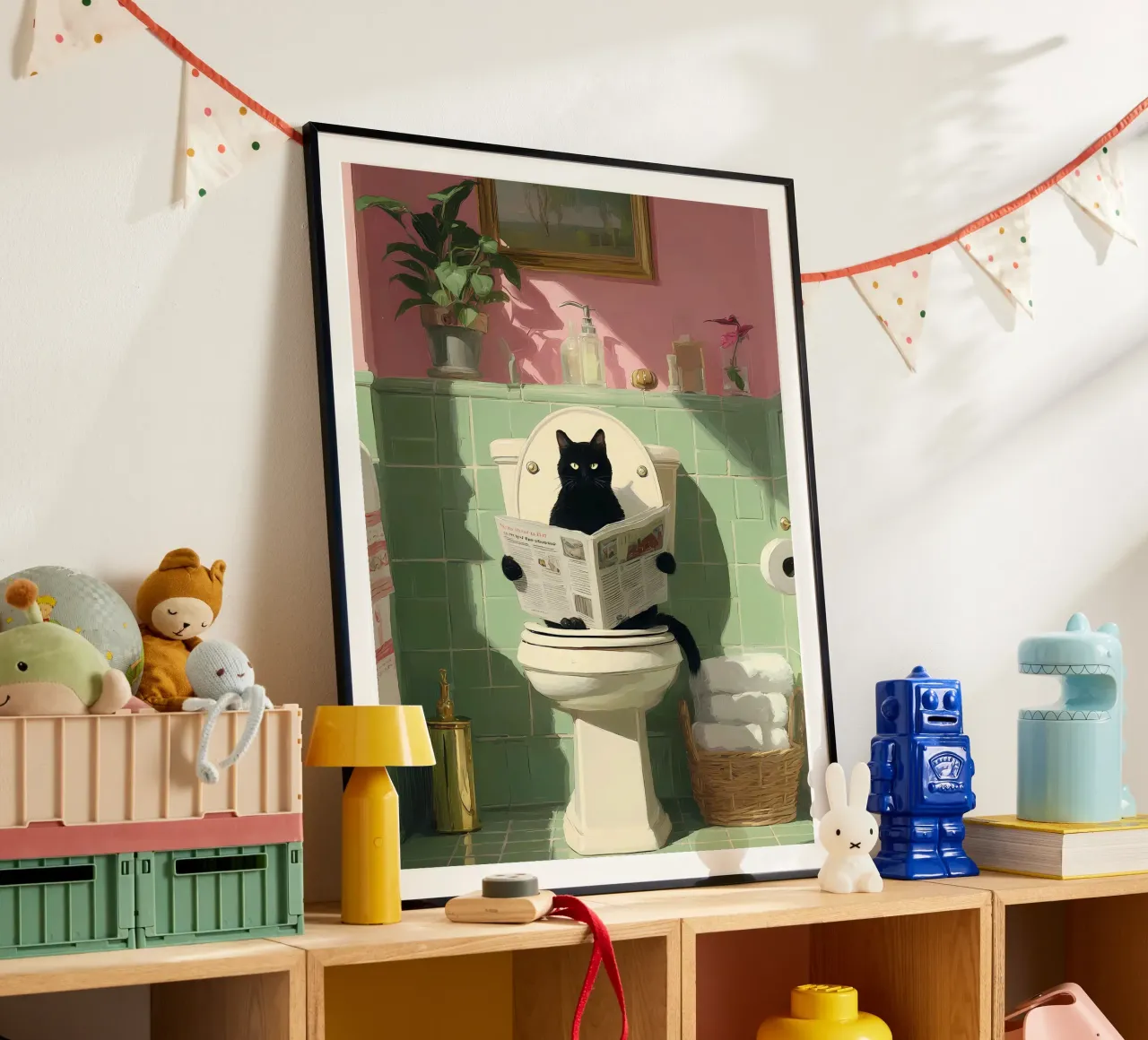 Gatto nero in bagno poster con telaio in alluminio da IamHomeStudio