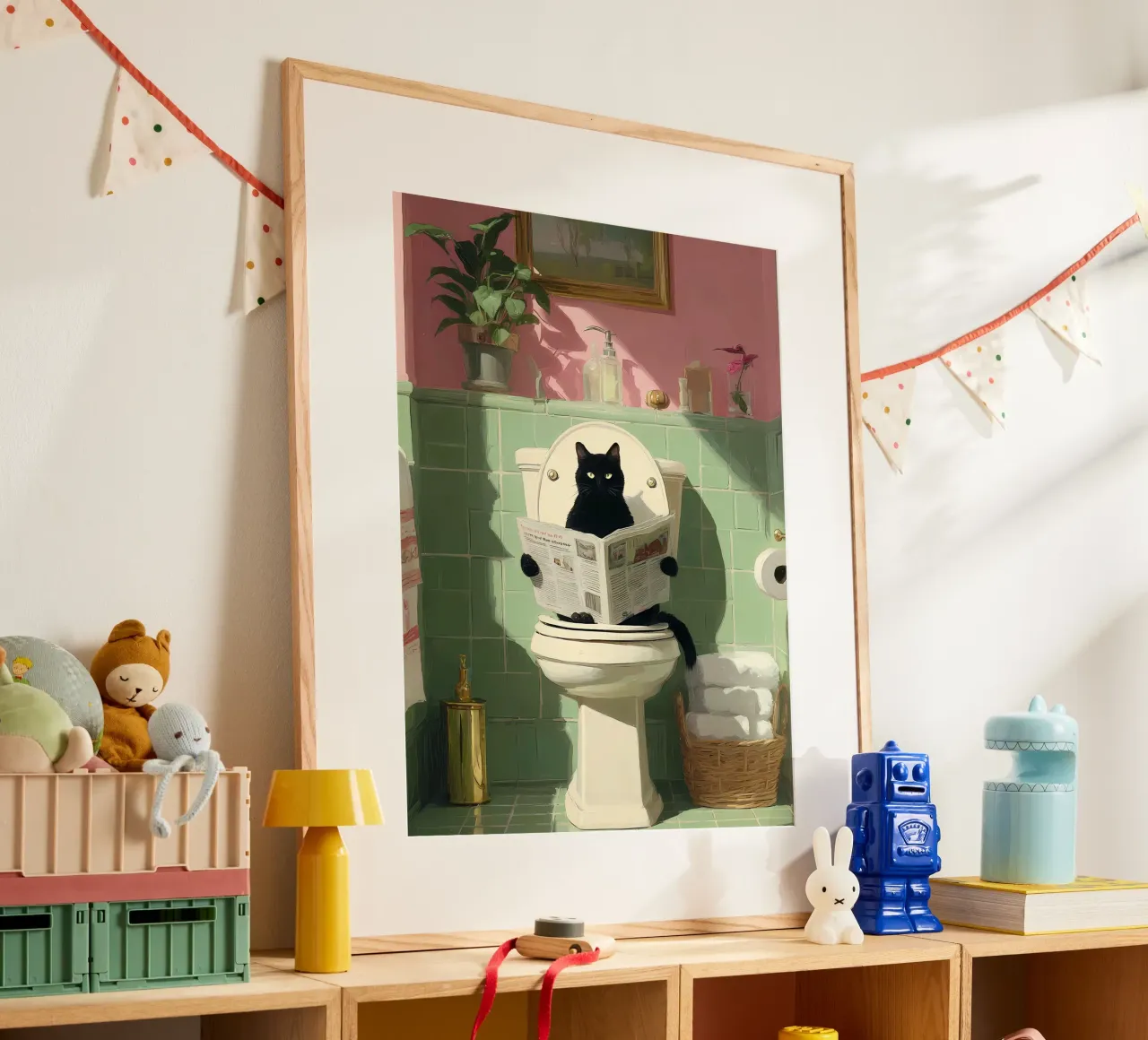 Gatto nero in bagno poster con telaio in alluminio da IamHomeStudio