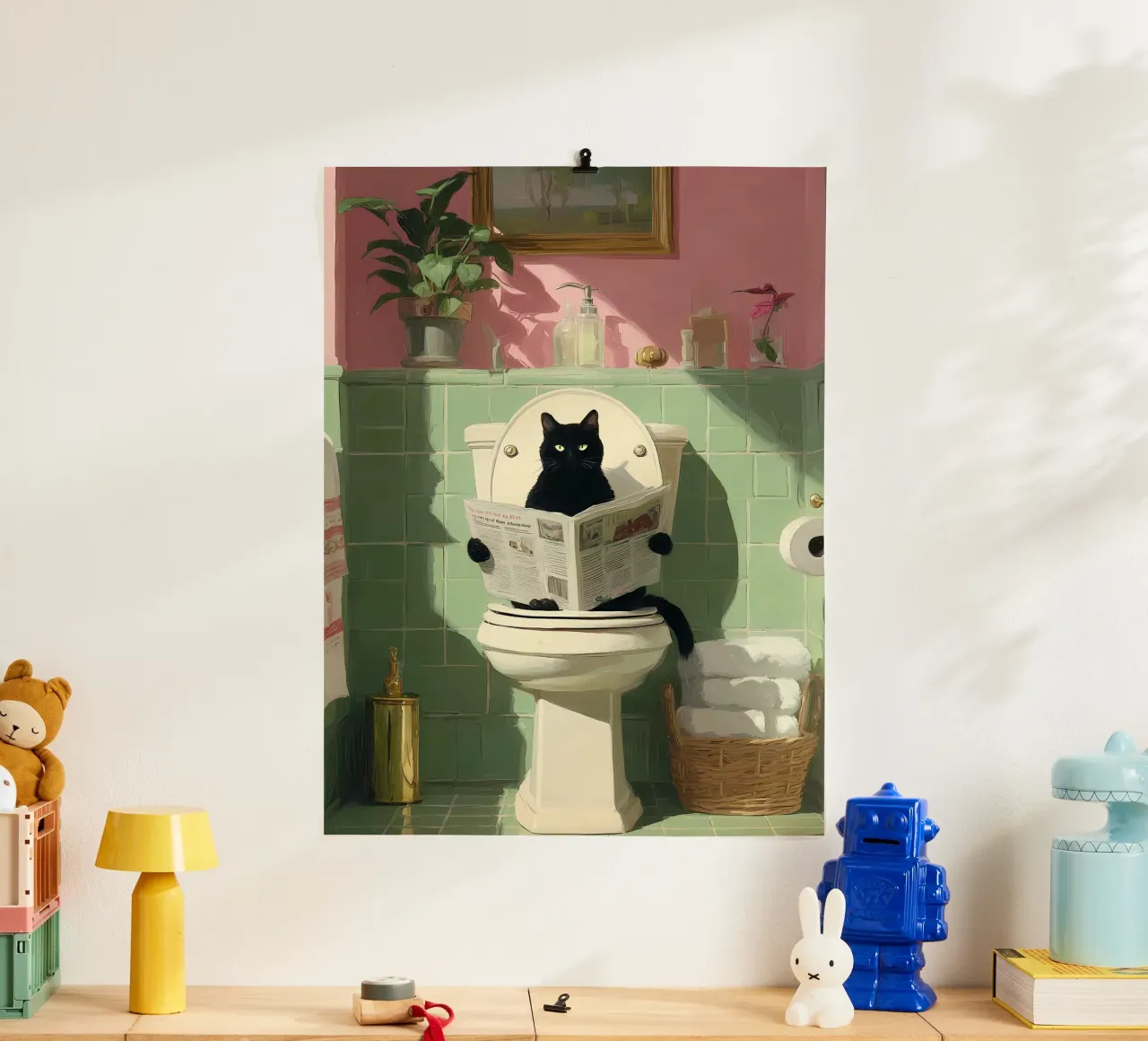 Gatto nero in bagno poster con telaio in alluminio da IamHomeStudio