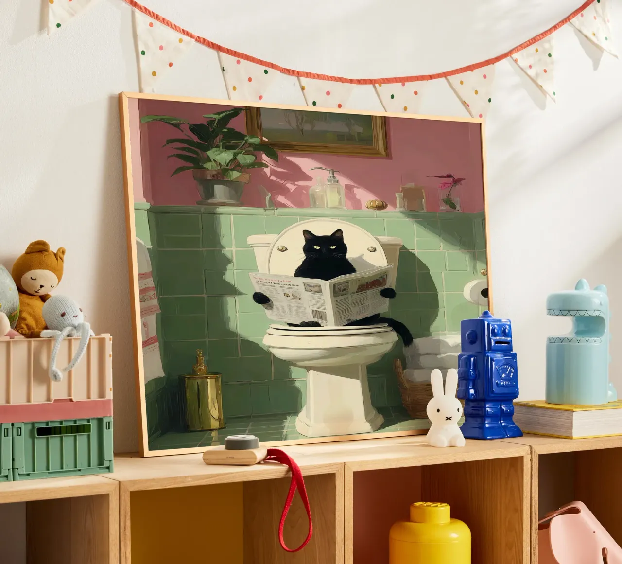 Gatto nero in bagno poster con telaio in alluminio da IamHomeStudio