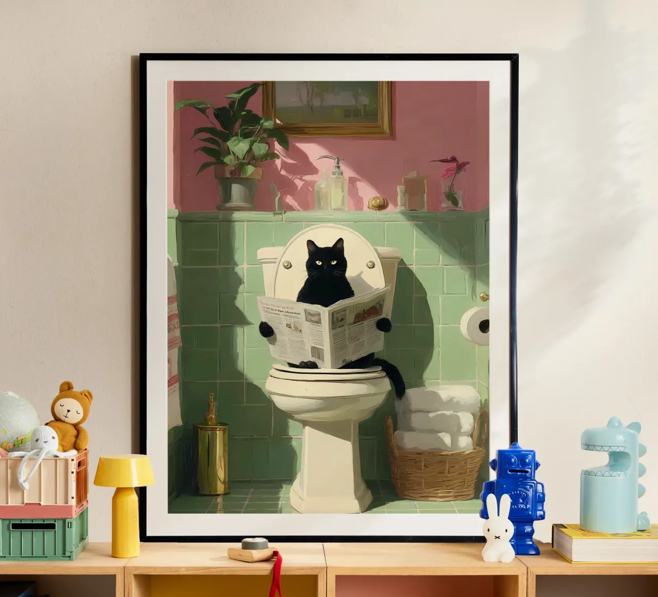 Gatto nero in bagno poster con telaio in alluminio da IamHomeStudio