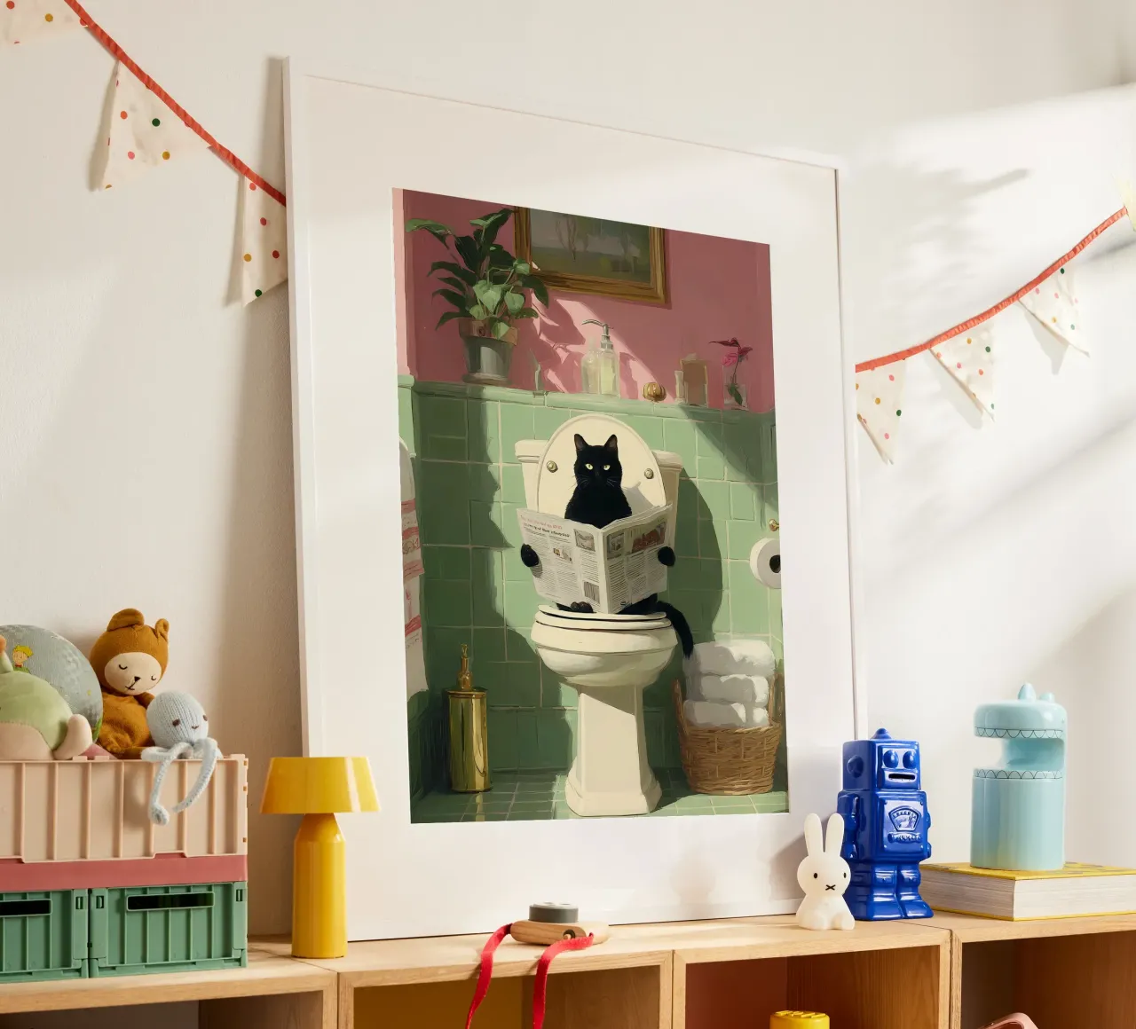 Gatto nero in bagno poster con telaio in alluminio da IamHomeStudio