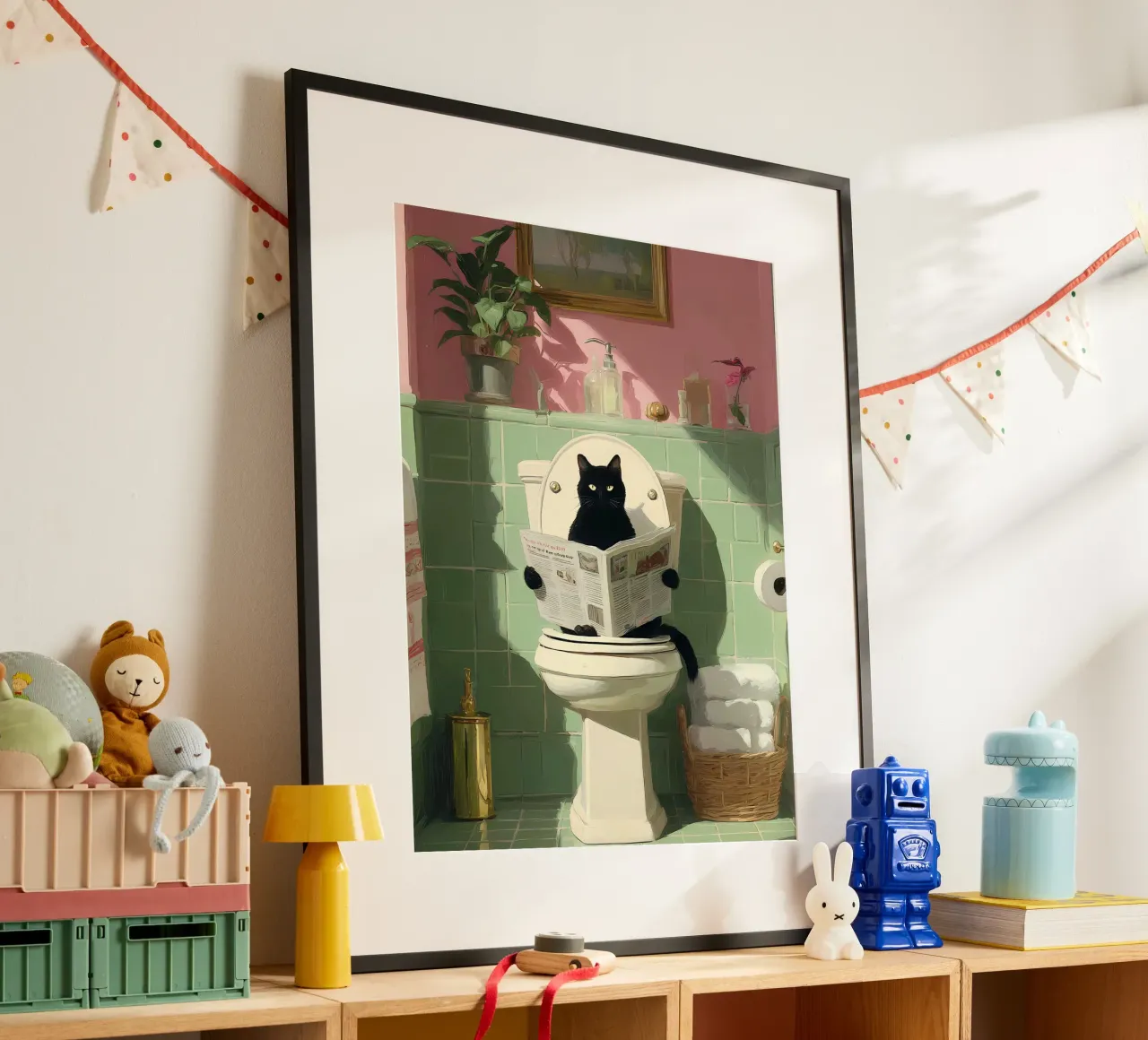 Gatto nero in bagno poster con telaio in alluminio da IamHomeStudio