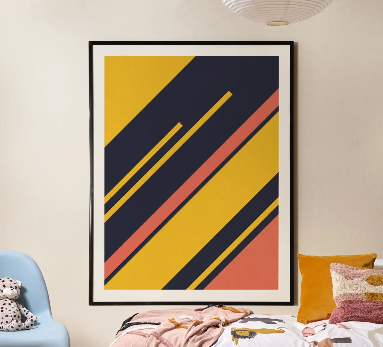 Strisce retrò in blu e giallo corallo poster con telaio in alluminio da Petra Lang