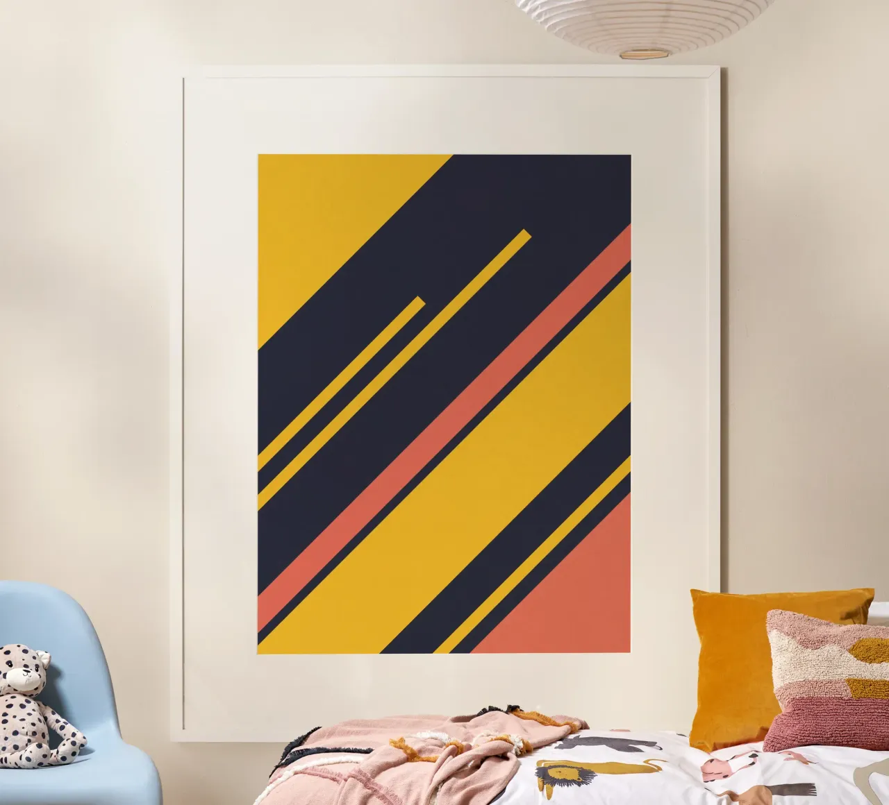 Strisce retrò in blu e giallo corallo poster con telaio in alluminio da Petra Lang