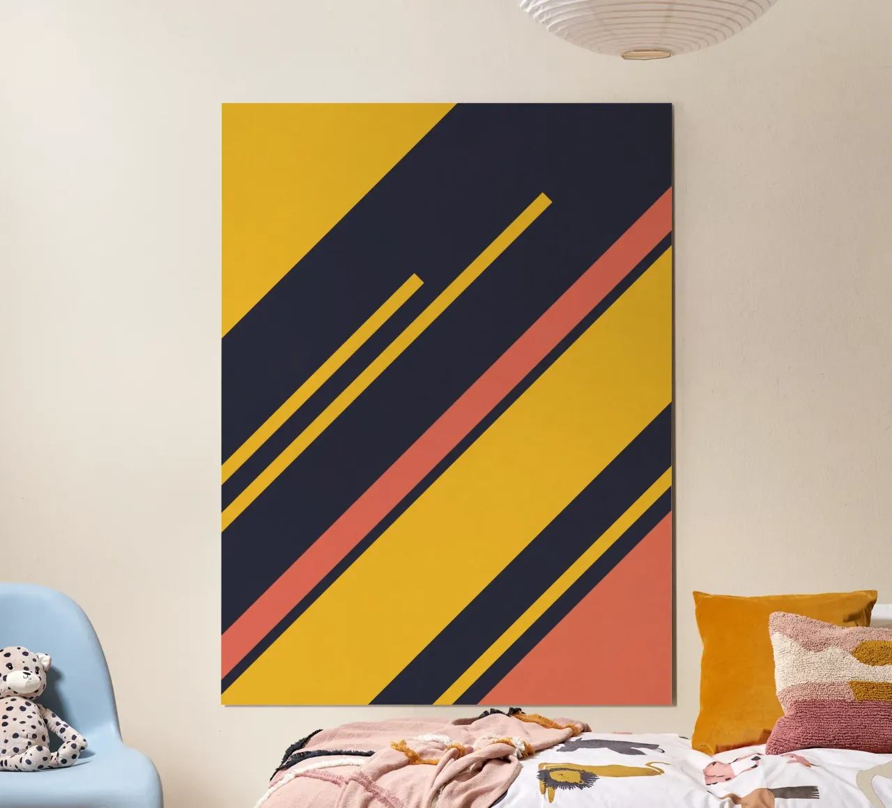 Strisce retrò in blu e giallo corallo poster con telaio in alluminio da Petra Lang