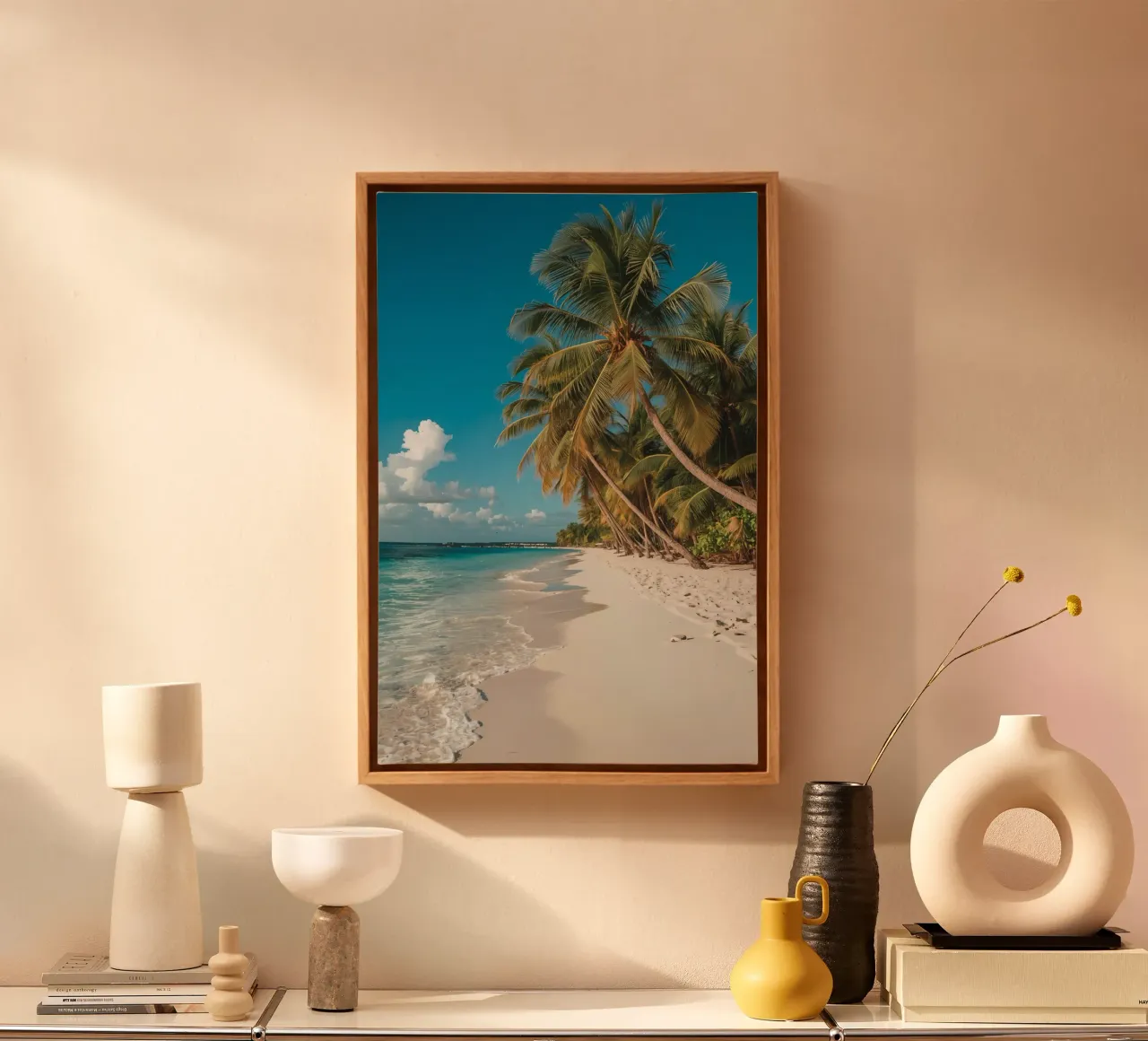 Beach with Palm Trees and Turquoise Water canvas with Floater frame by DesignDoodle