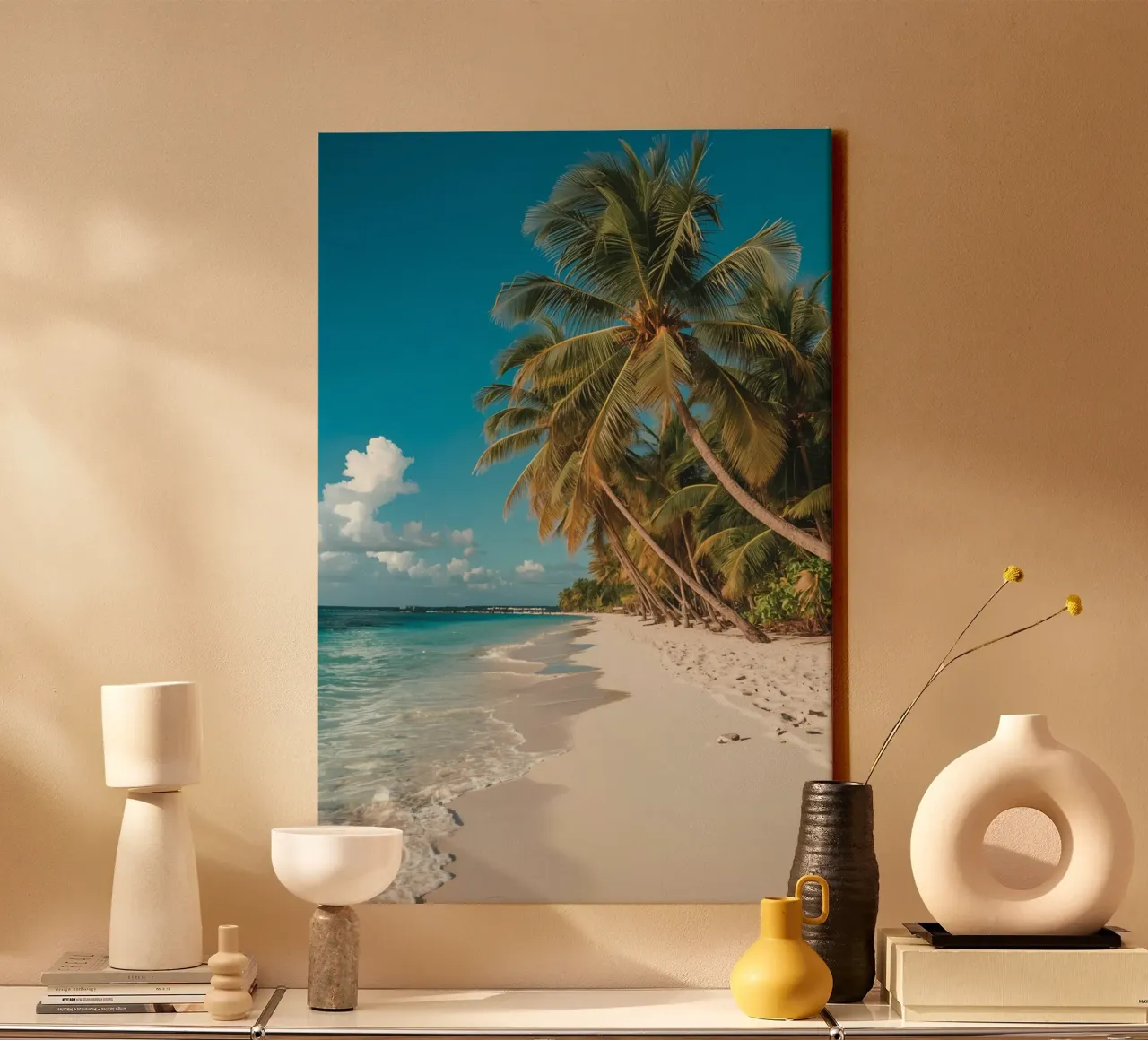 Beach with Palm Trees and Turquoise Water canvas with Floater frame by DesignDoodle