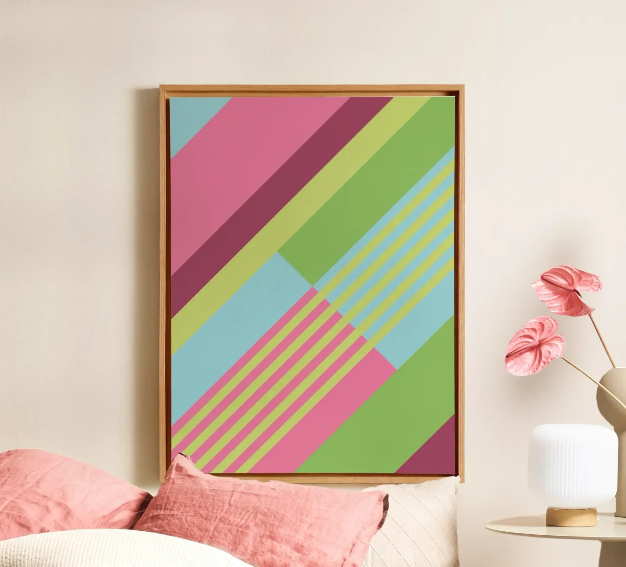 Strisce retrò vintage senza tempo in rosa e verde tela con Cornice a cassetta da Petra Lang