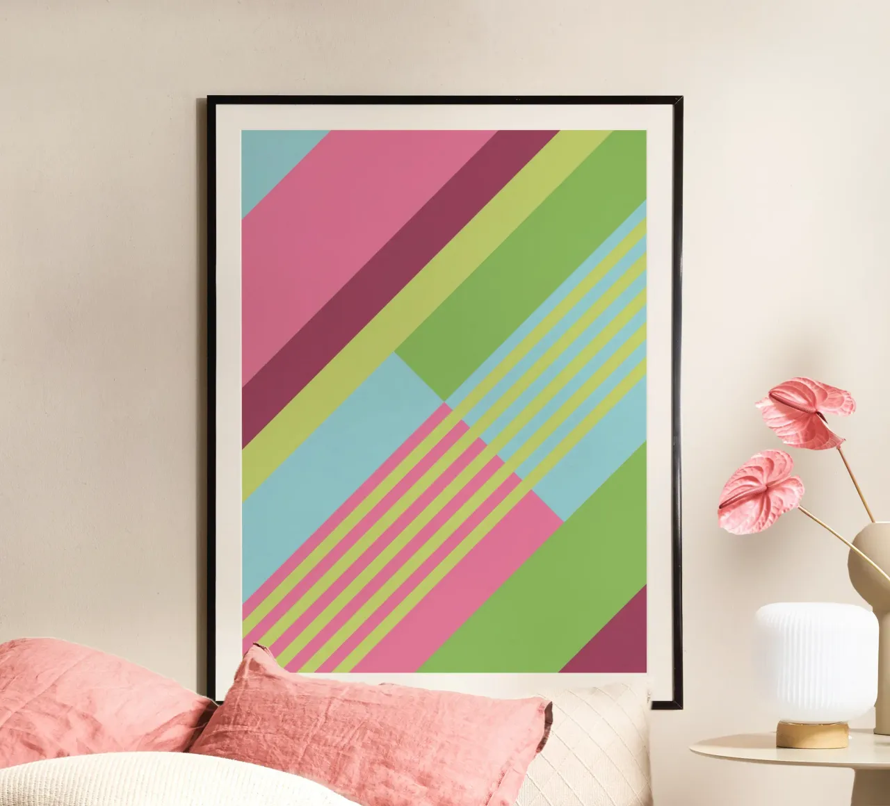 Strisce retrò vintage senza tempo in rosa e verde poster con telaio in plastica da Petra Lang