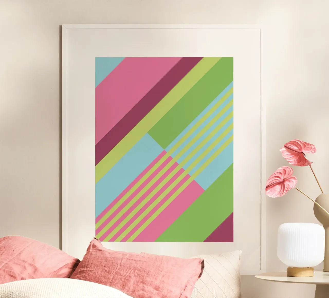 Strisce retrò vintage senza tempo in rosa e verde poster con telaio in plastica da Petra Lang