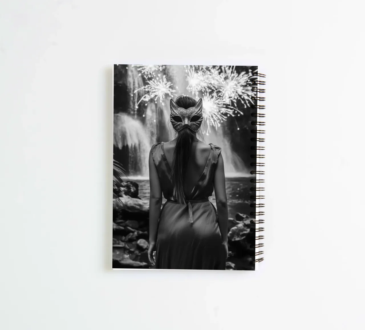 "Midnight Spark" - Mysterious Masquerade Cat Mask Art Print spiral notebook by Synthaira