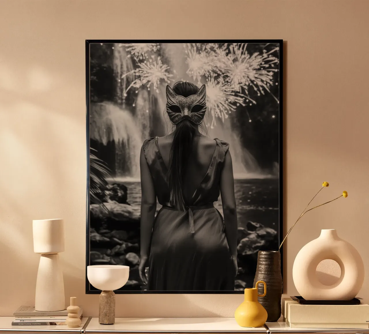 "Midnight Spark" - Mysterious Masquerade Cat Mask Art Print hahnemühle by Synthaira