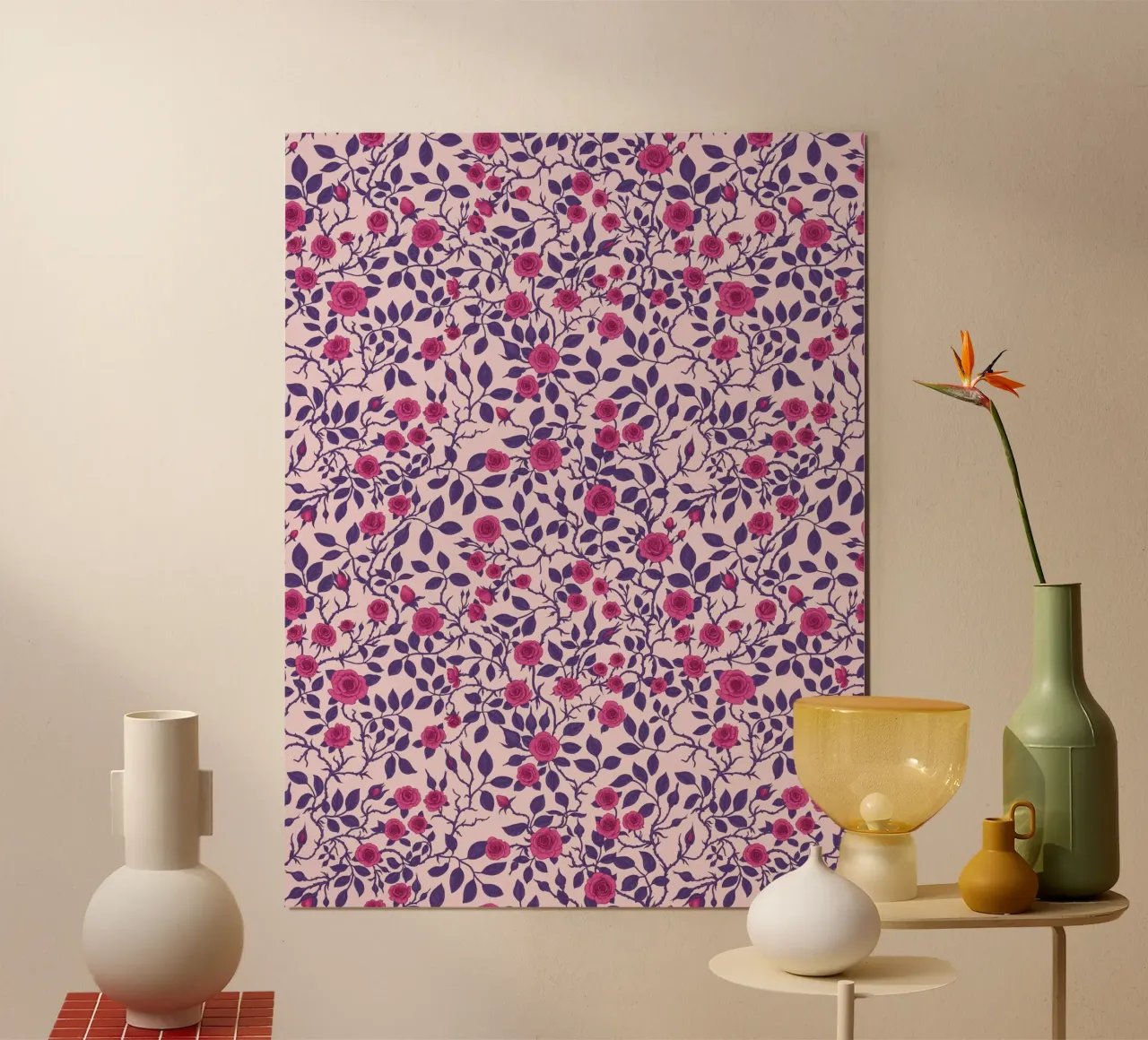 Rose selvatiche in rosa e viola poster con telaio in alluminio da Painted Nature