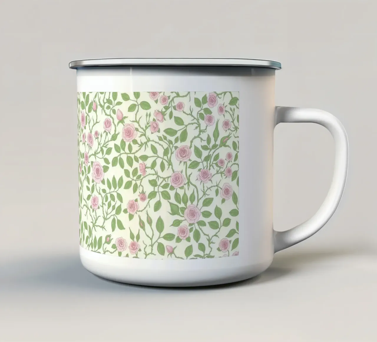 Rose selvatiche in verde e rosa tenue tazza in smalto da Painted Nature