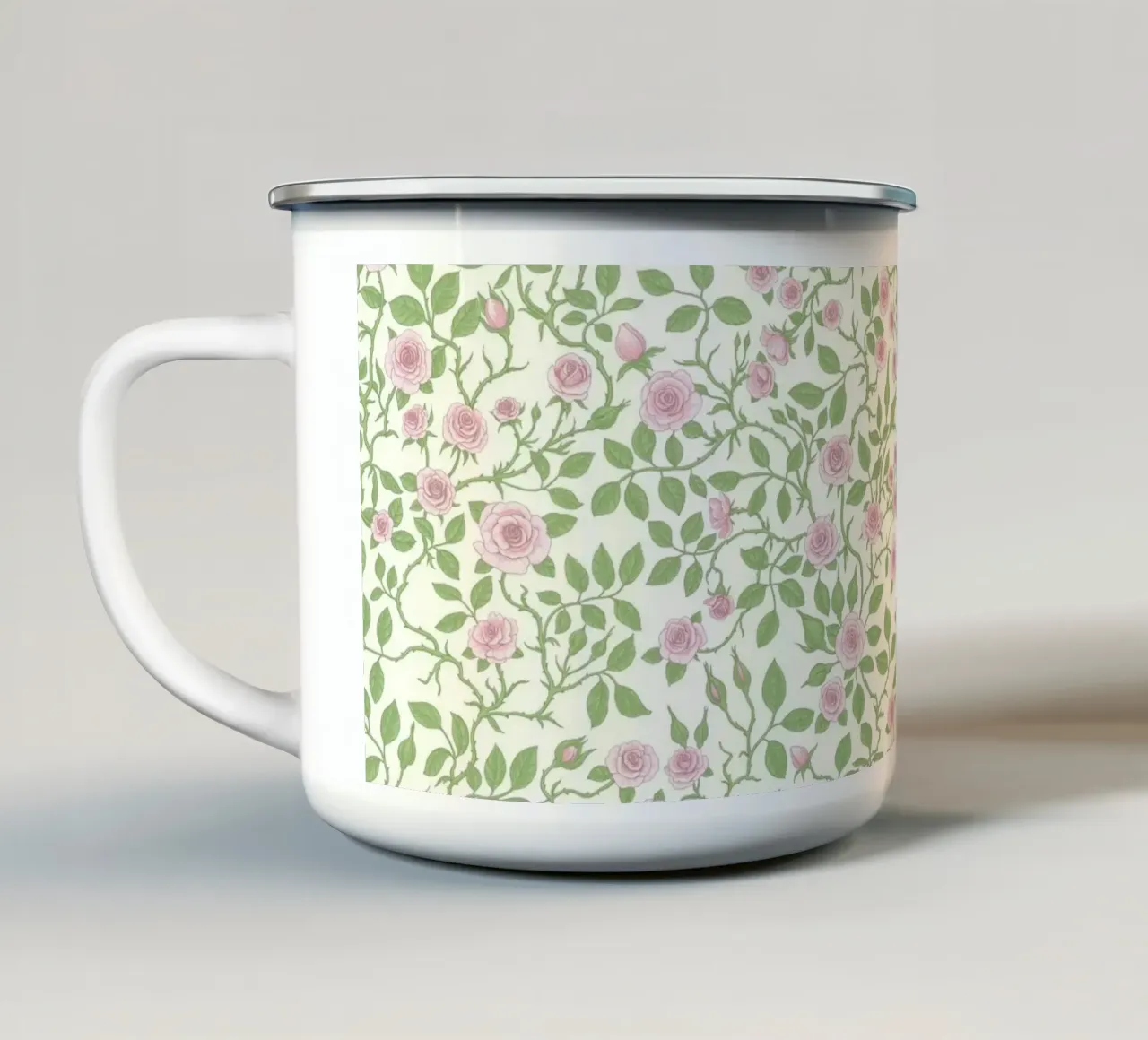 Rose selvatiche in verde e rosa tenue tazza in smalto da Painted Nature