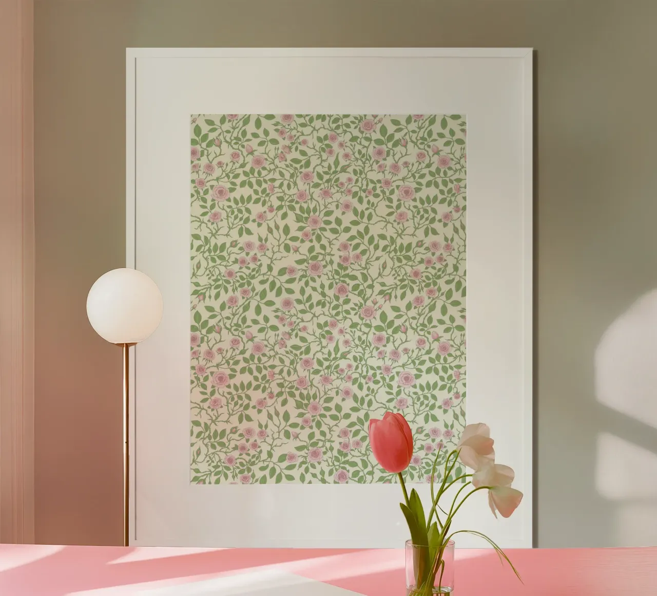 Rose selvatiche in verde e rosa tenue poster con telaio in plastica da Painted Nature