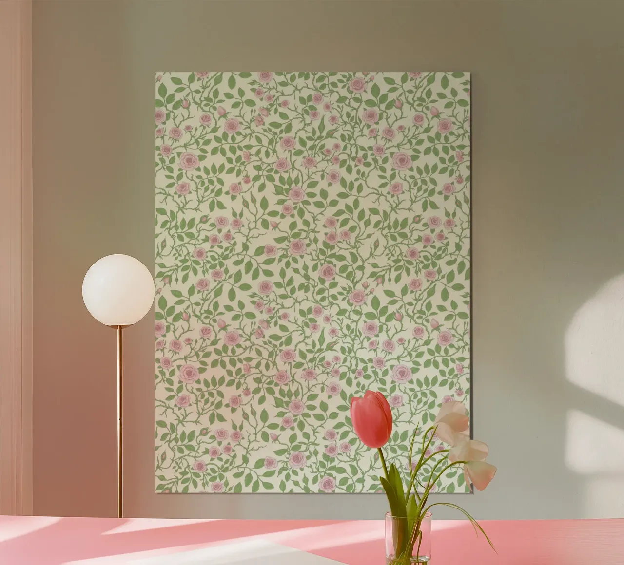 Rose selvatiche in verde e rosa tenue poster con telaio in plastica da Painted Nature
