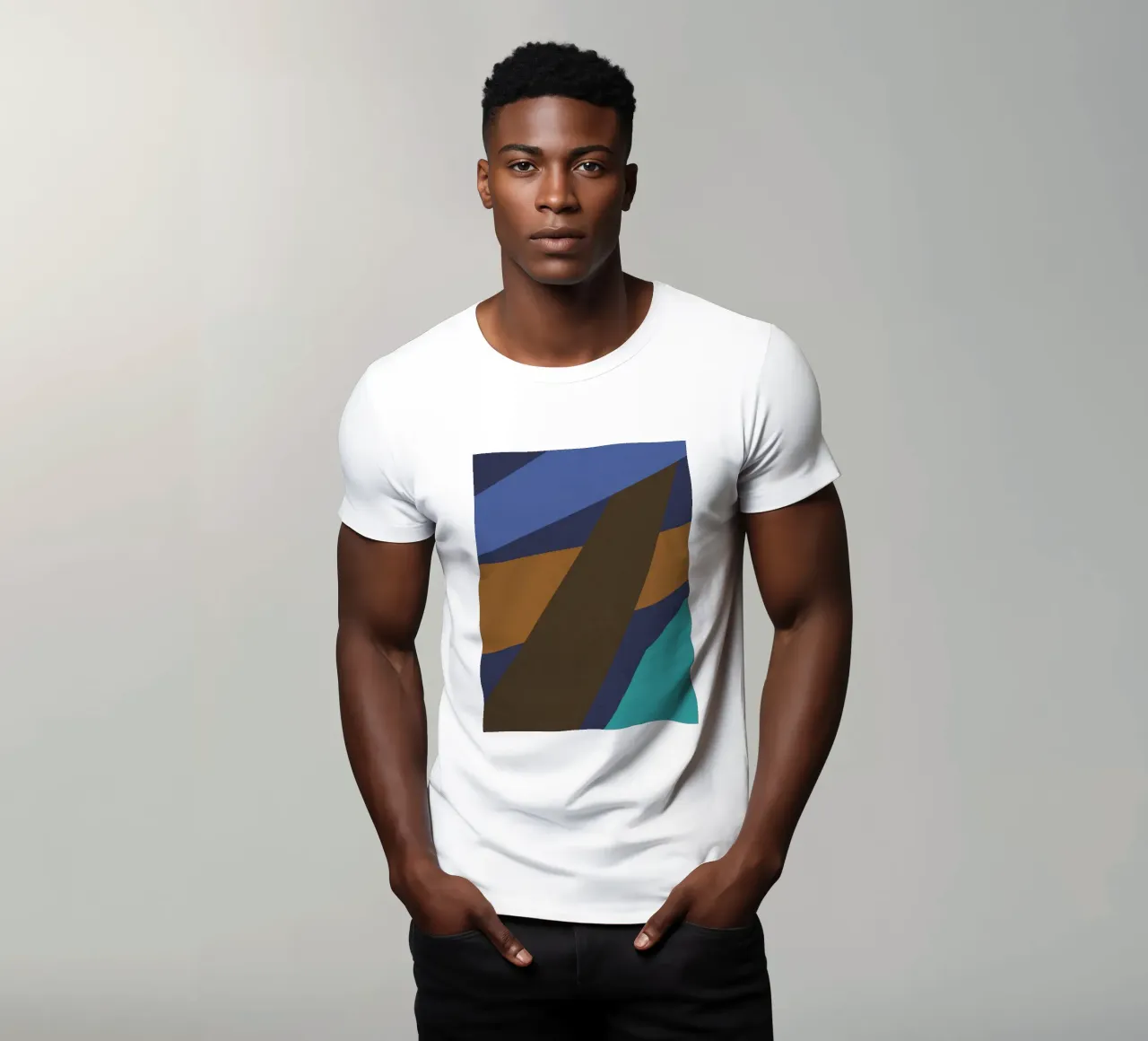 Design geometrico retrò in blu, marrone e verde mare t-shirt da Petra Lang