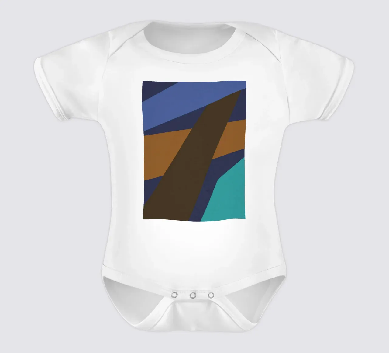 Design geometrico retrò in blu, marrone e verde mare body neonato maniche corte da Petra Lang