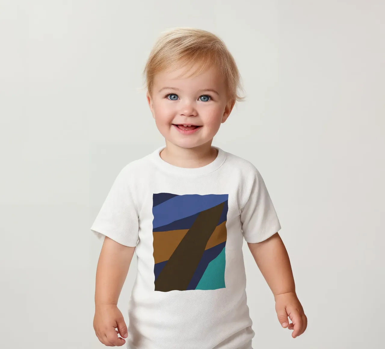 Design geometrico retrò in blu, marrone e verde mare maglietta neonato da Petra Lang