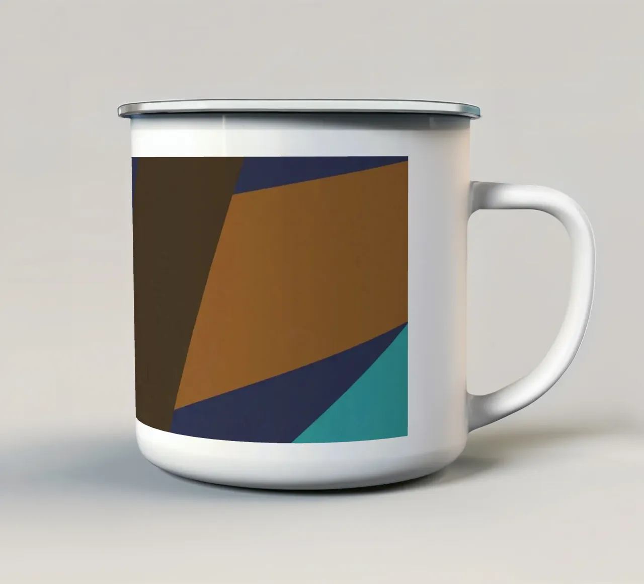 Design geometrico retrò in blu, marrone e verde mare tazza in smalto da Petra Lang