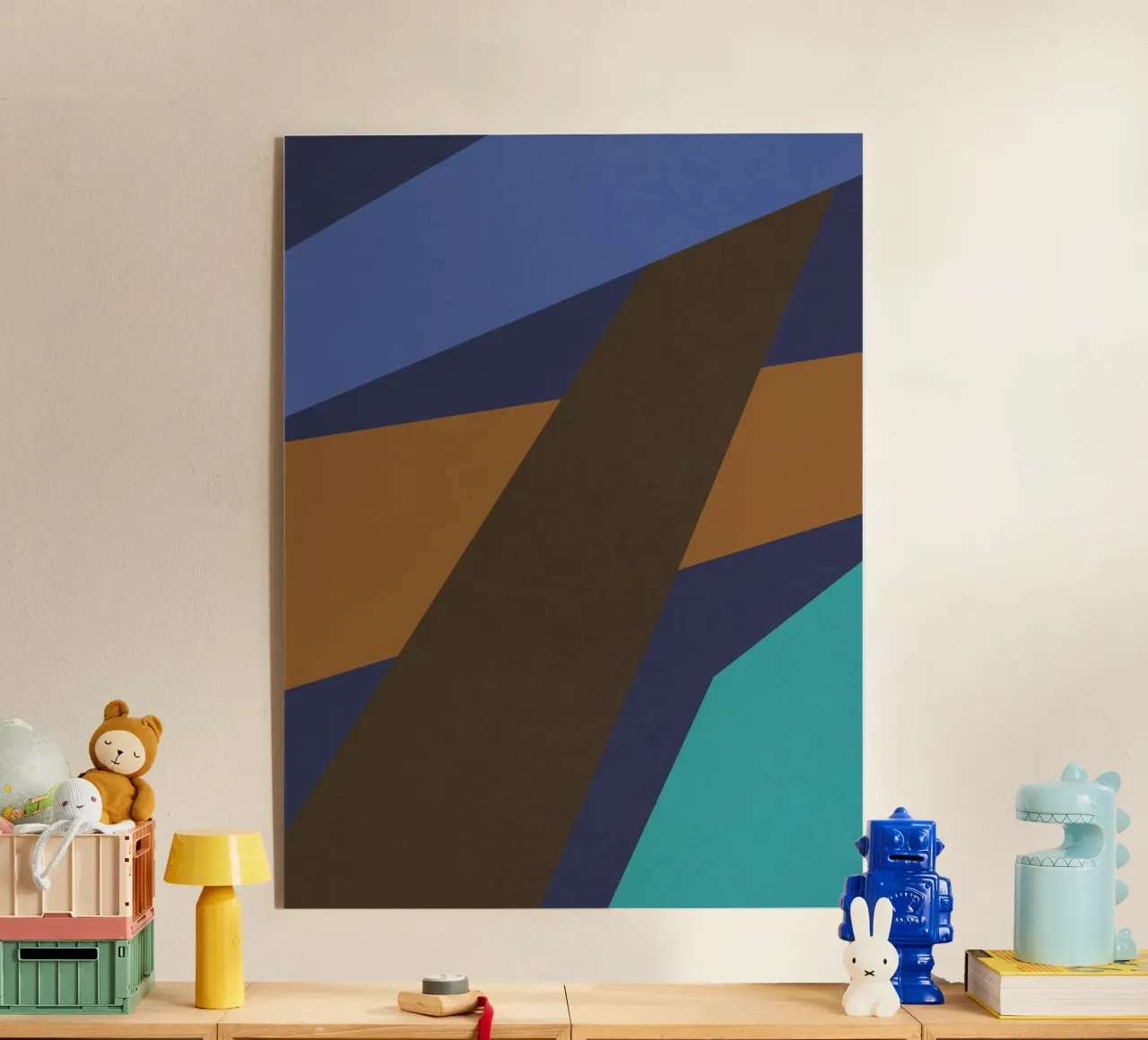 Design geometrico retrò in blu, marrone e verde mare plexiglass da Petra Lang