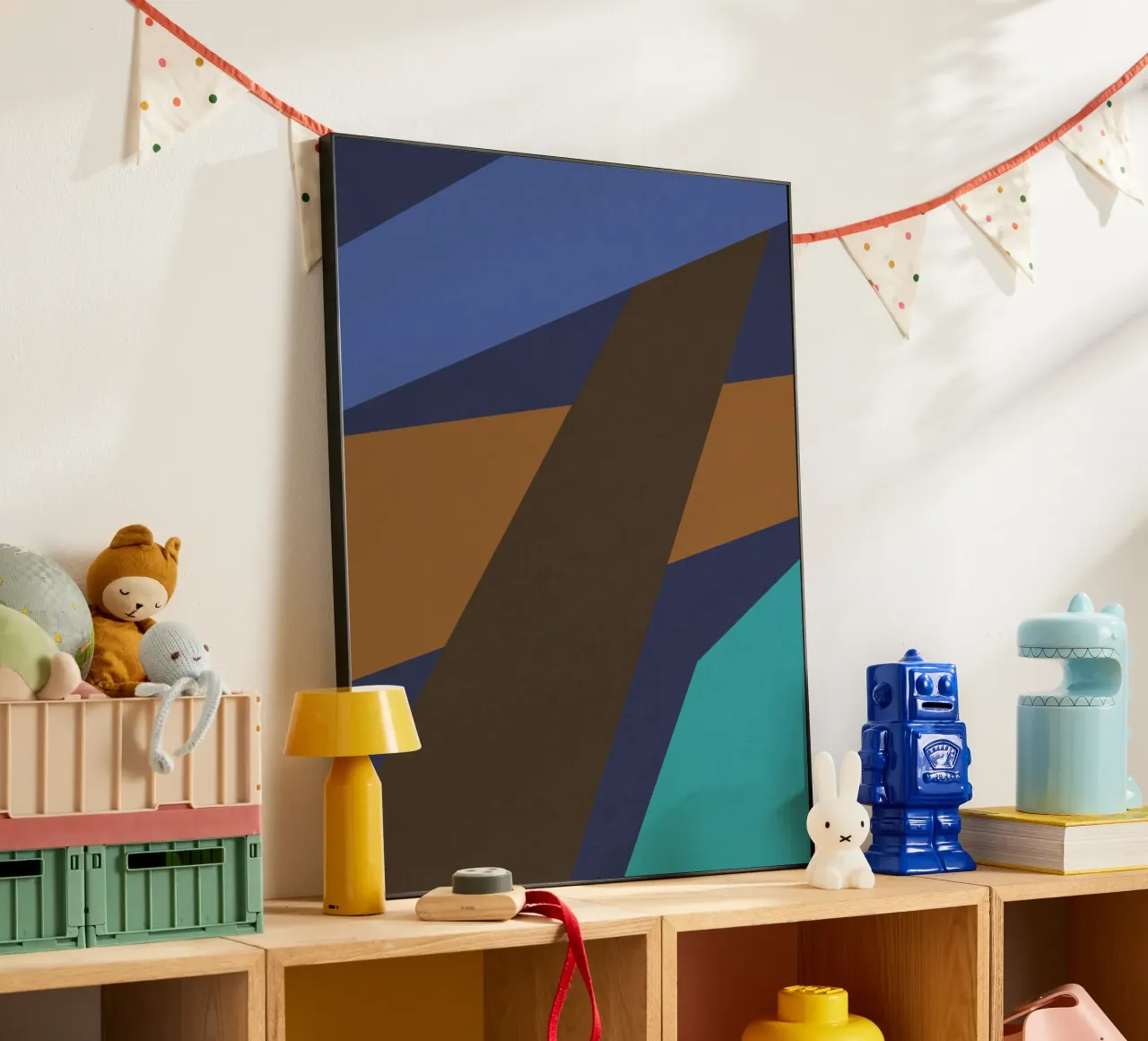 Design geometrico retrò in blu, marrone e verde mare alluminio dibond da Petra Lang